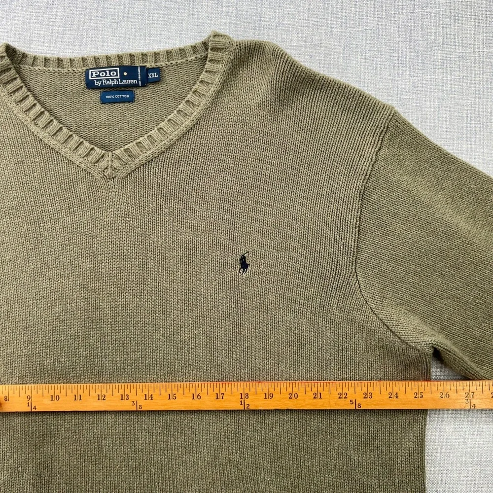 VTG Polo Ralph Lauren V-Neck Sweater Men XXL Olive Green Cotton Knit Ivy Prep